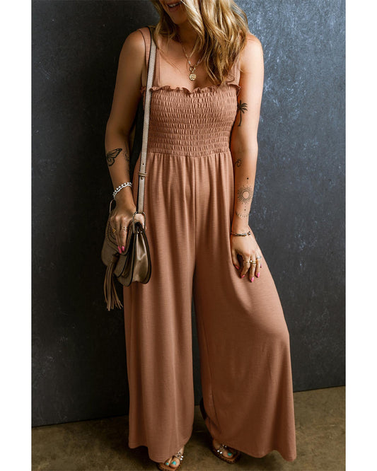 Dusty Pink Ruffled Shirred Wide Leg Sleeveless Jumpsuit