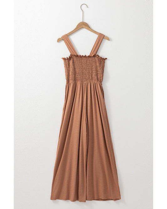 Dusty Pink Ruffled Shirred Wide Leg Sleeveless Jumpsuit