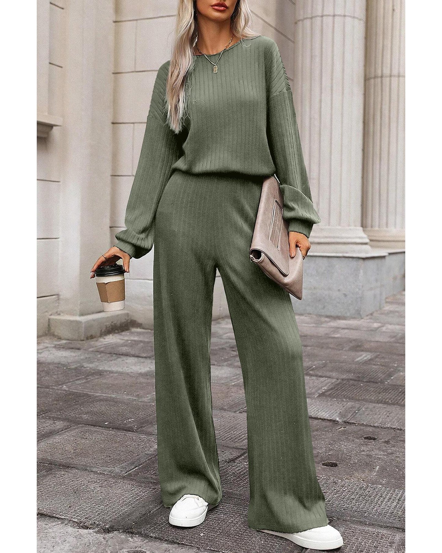 Ribbed Knit High-Waist Key-Hole BackJumpsuit