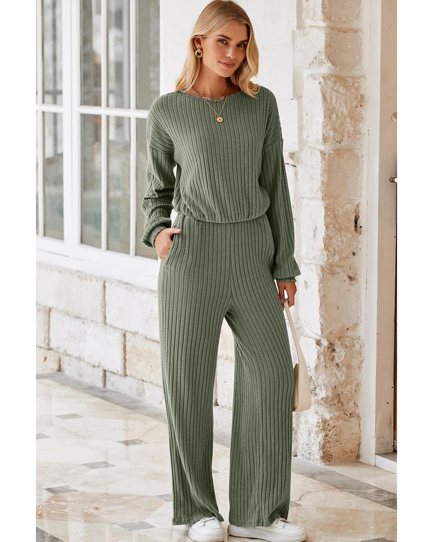 Ribbed Knit High-Waist Key-Hole BackJumpsuit