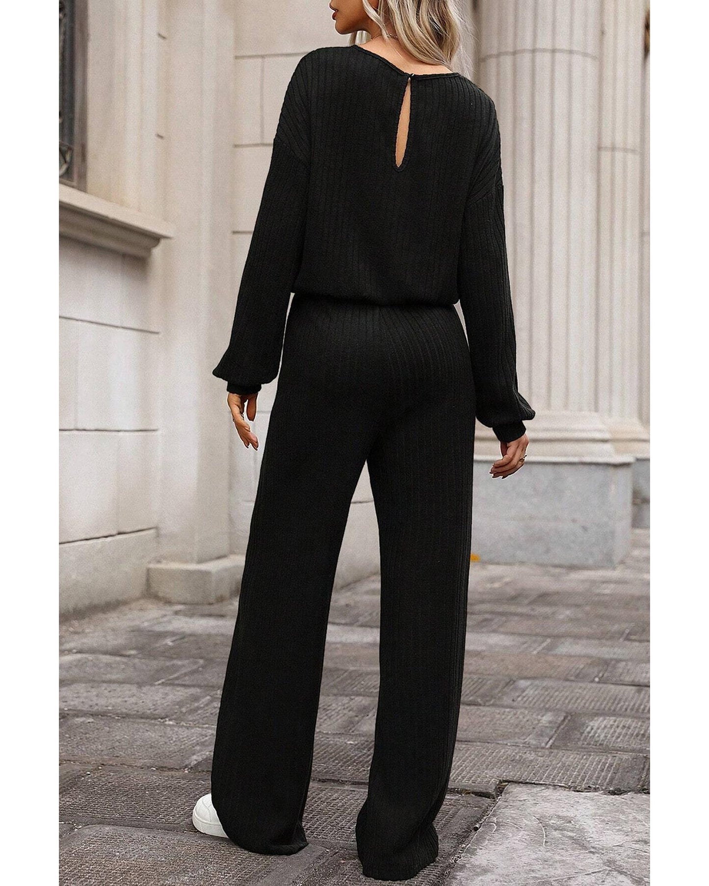 Ribbed Knit High-Waist Key-Hole BackJumpsuit