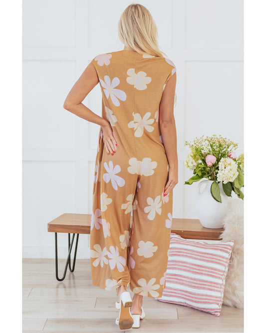 Khaki Floral Print Sleeveless Button-Up Jumpsuit