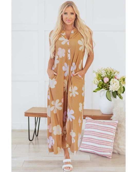 Khaki Floral Print Sleeveless Button-Up Jumpsuit