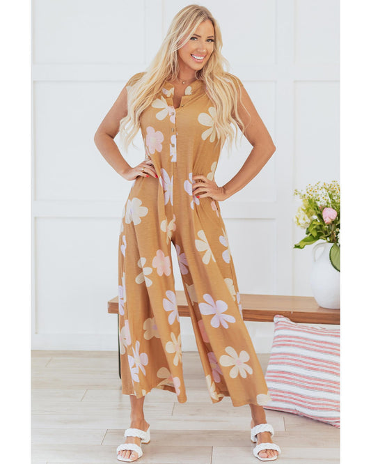 Khaki Floral Print Sleeveless Button-Up Jumpsuit
