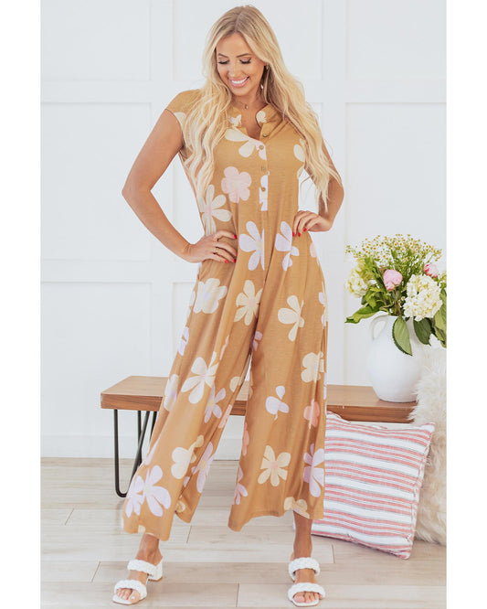 Khaki Floral Print Sleeveless Button-Up Jumpsuit