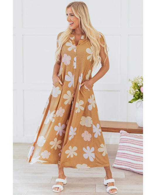 Khaki Floral Print Sleeveless Button-Up Jumpsuit