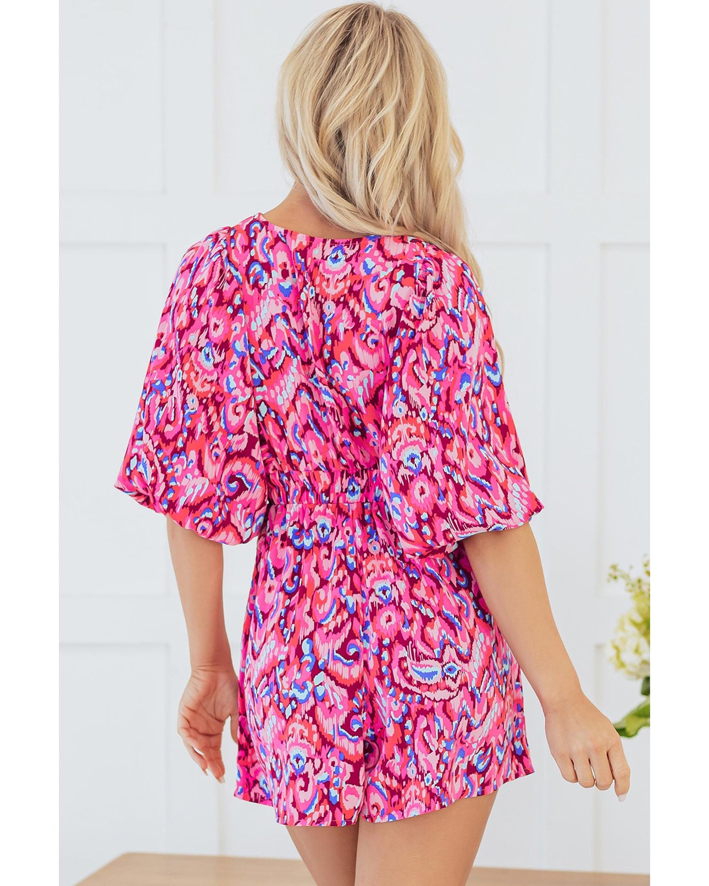 Puff Sleeve V Neck High Waist Romper with Abstract Print