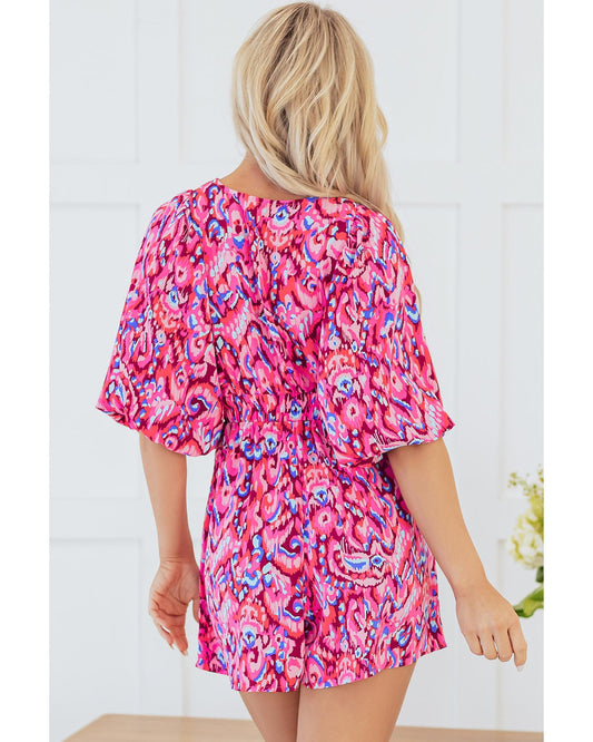 Puff Sleeve V Neck High Waist Romper with Abstract Print