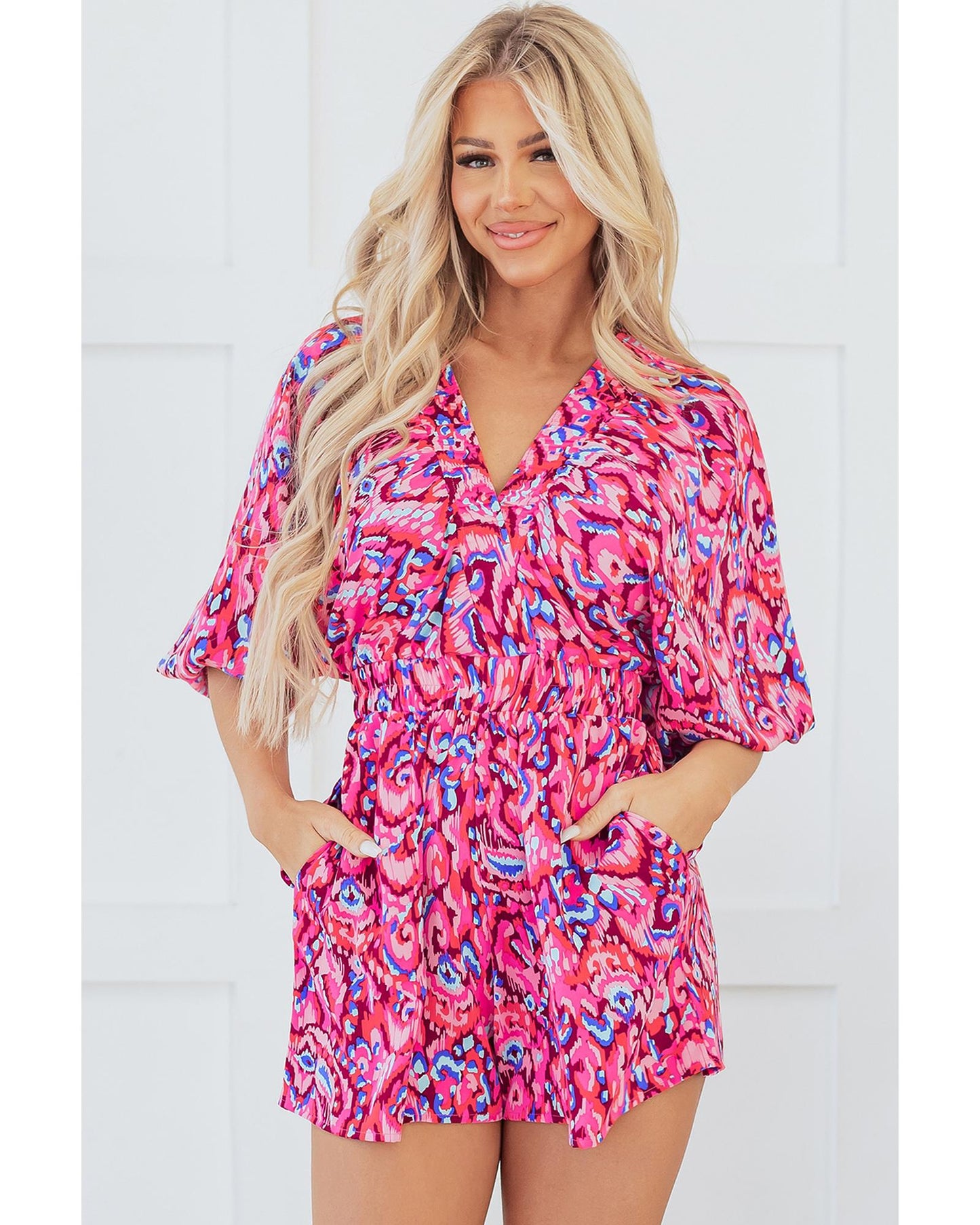 Puff Sleeve V Neck High Waist Romper with Abstract Print