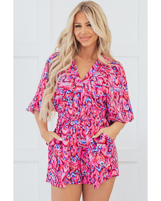 Puff Sleeve V Neck High Waist Romper with Abstract Print