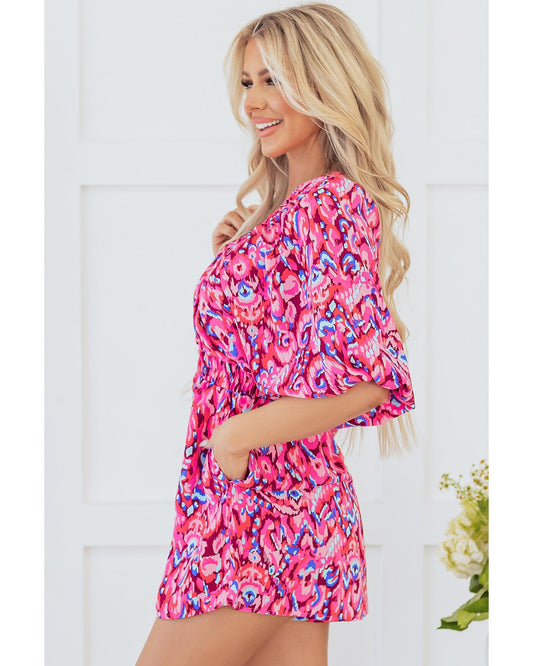 Puff Sleeve V Neck High Waist Romper with Abstract Print