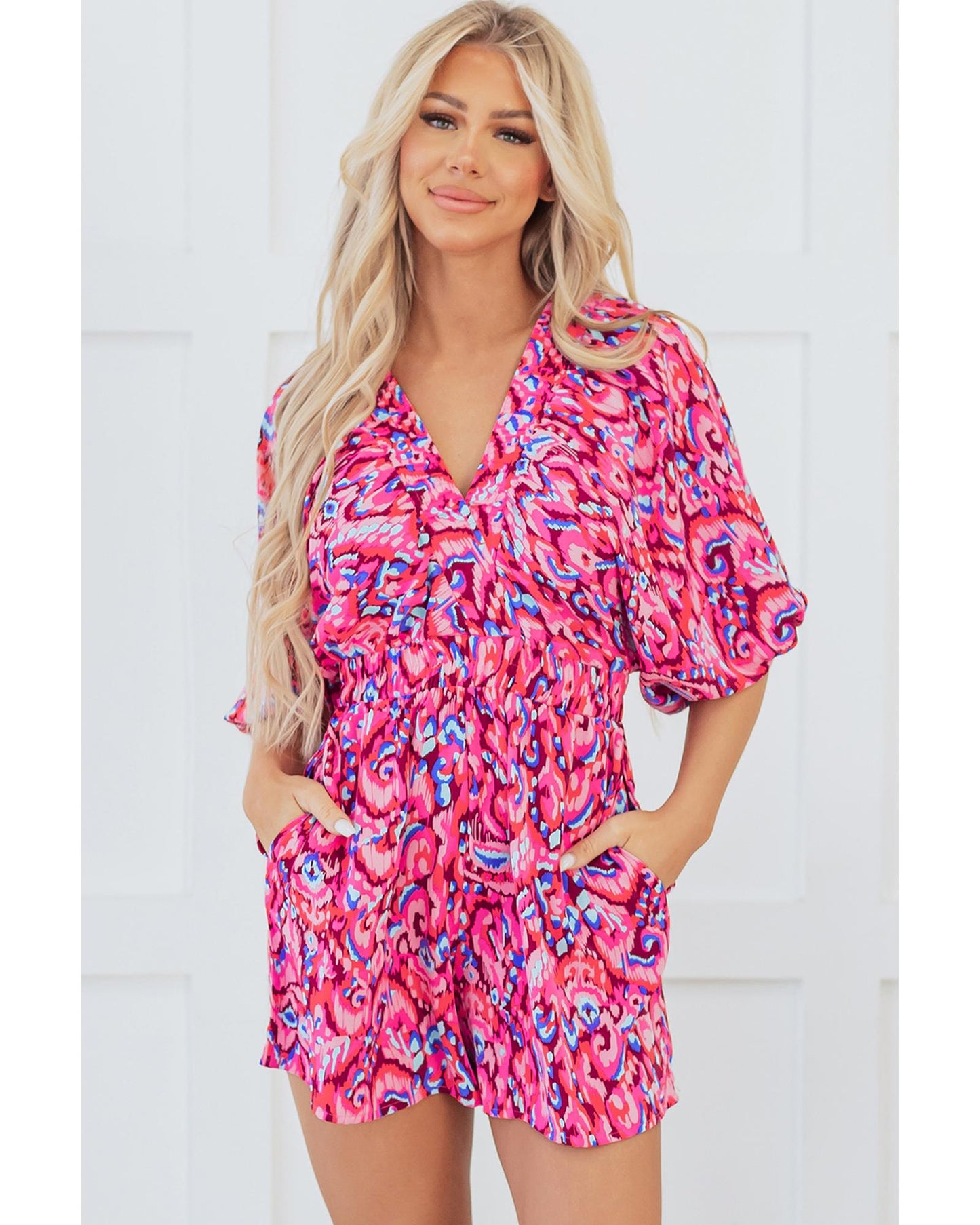 Puff Sleeve V Neck High Waist Romper with Abstract Print
