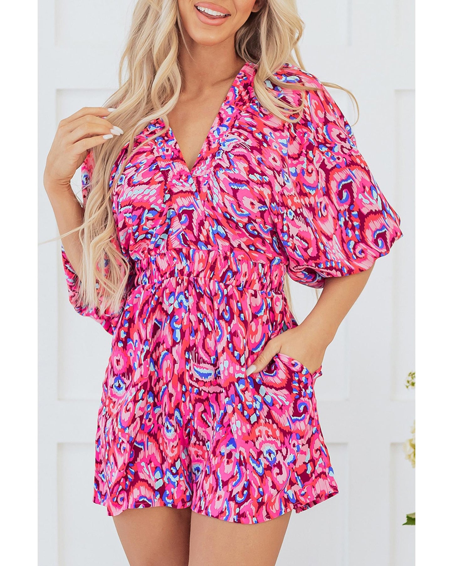 Puff Sleeve V Neck High Waist Romper with Abstract Print