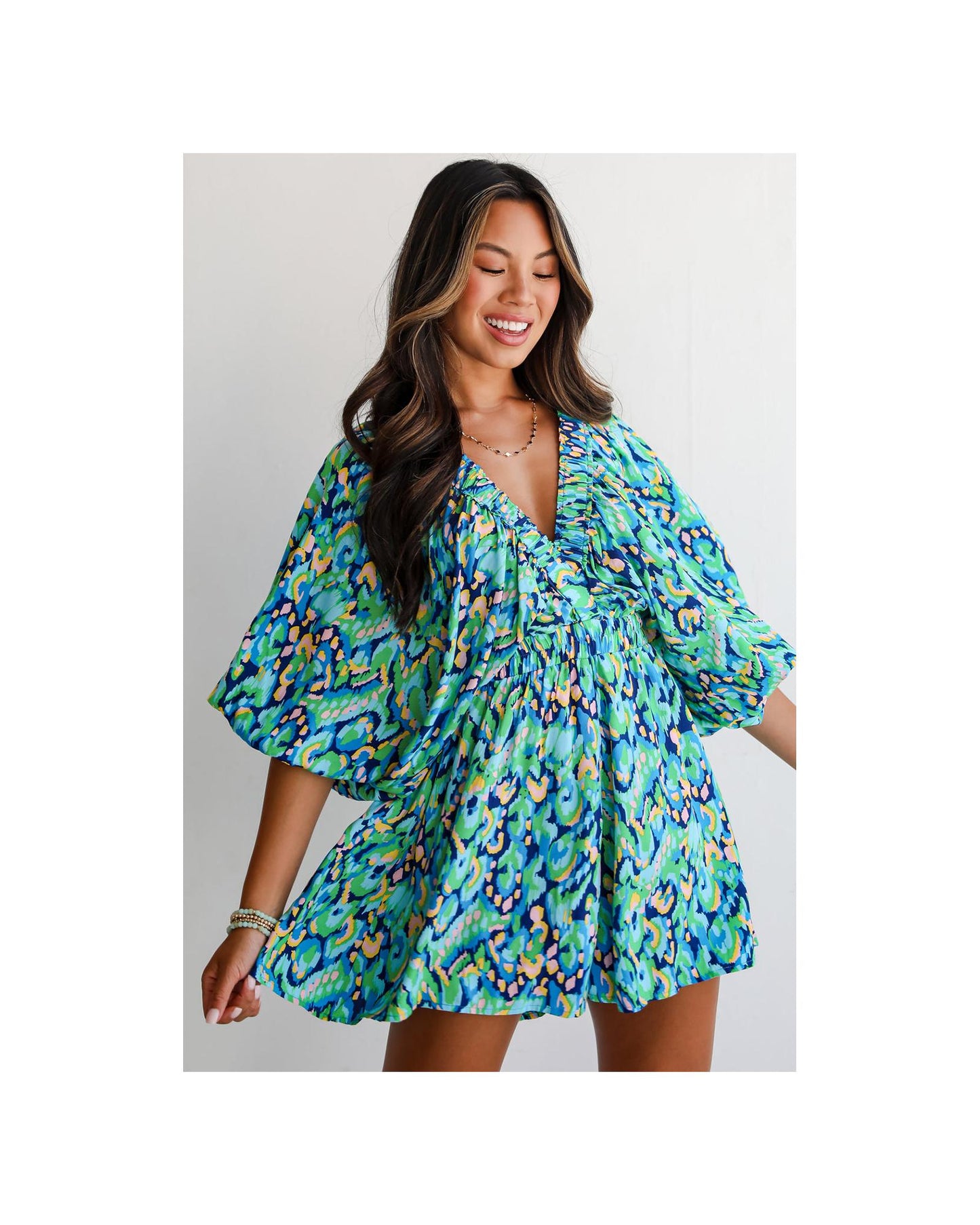 Puff Sleeve V Neck High Waist Romper with Abstract Print