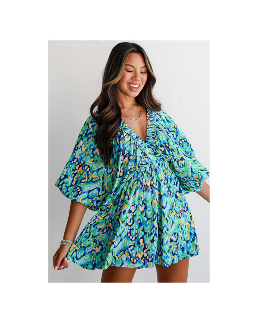 Puff Sleeve V Neck High Waist Romper with Abstract Print