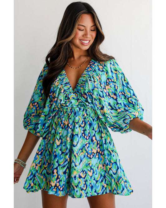 Puff Sleeve V Neck High Waist Romper with Abstract Print