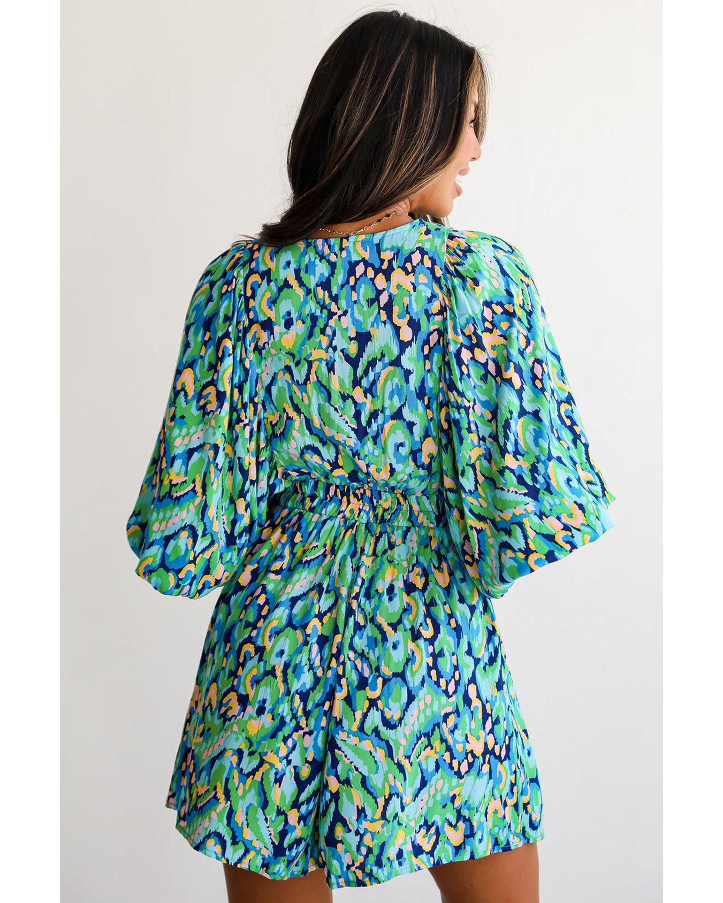 Puff Sleeve V Neck High Waist Romper with Abstract Print