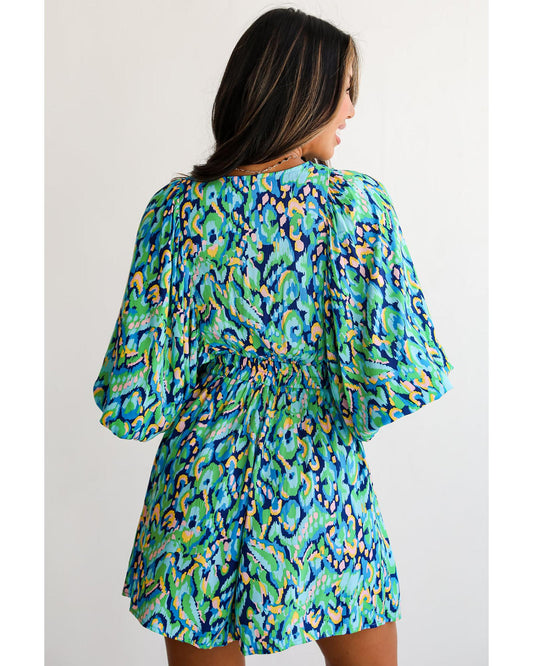 Puff Sleeve V Neck High Waist Romper with Abstract Print