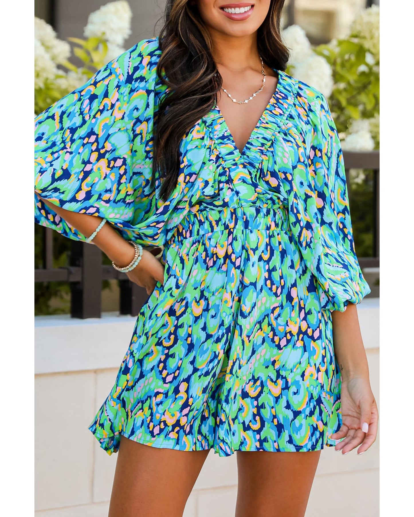 Puff Sleeve V Neck High Waist Romper with Abstract Print