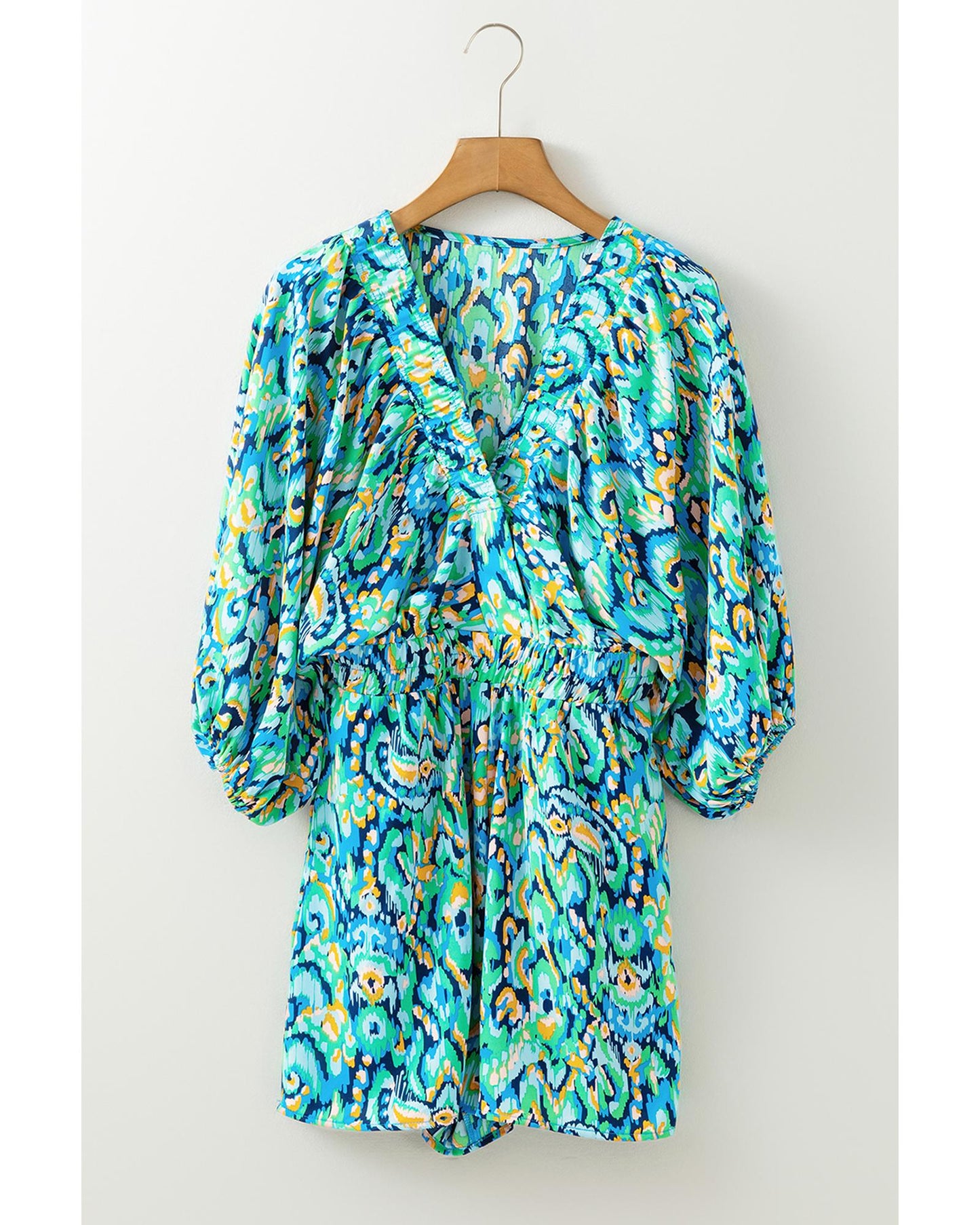 Puff Sleeve V Neck High Waist Romper with Abstract Print