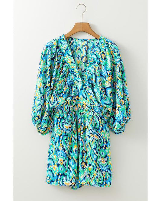 Puff Sleeve V Neck High Waist Romper with Abstract Print