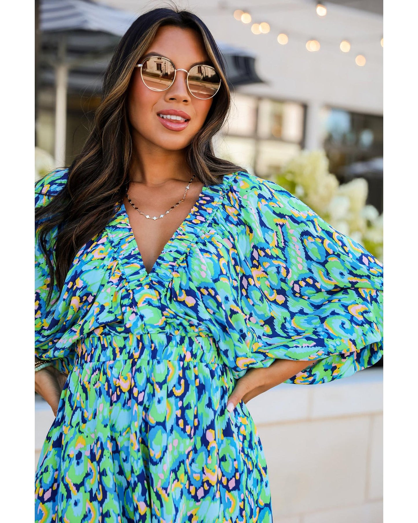 Puff Sleeve V Neck High Waist Romper with Abstract Print