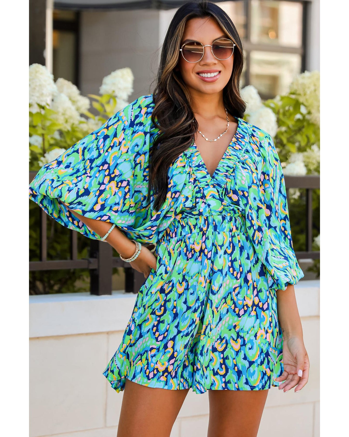 Puff Sleeve V Neck High Waist Romper with Abstract Print