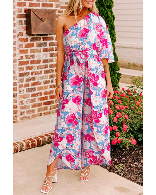 Floral Print Asymmetrical Neckline Belted Jumpsuit