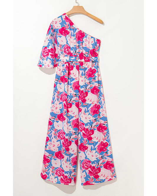 Floral Print Asymmetrical Neckline Belted Jumpsuit