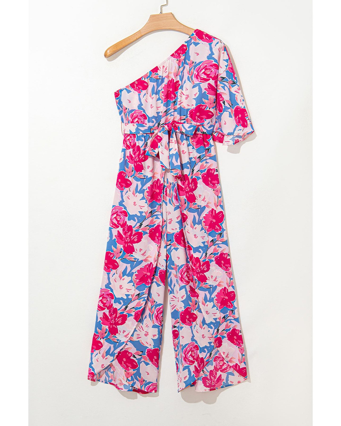 Floral Print Asymmetrical Neckline Belted Jumpsuit