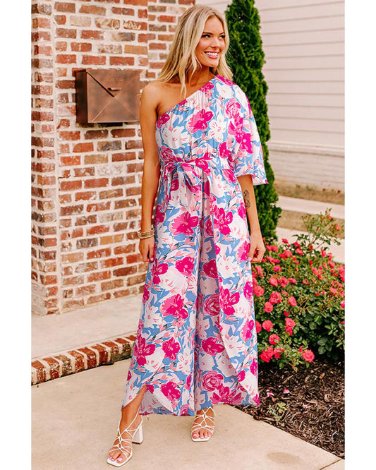 Floral Print Asymmetrical Neckline Belted Jumpsuit