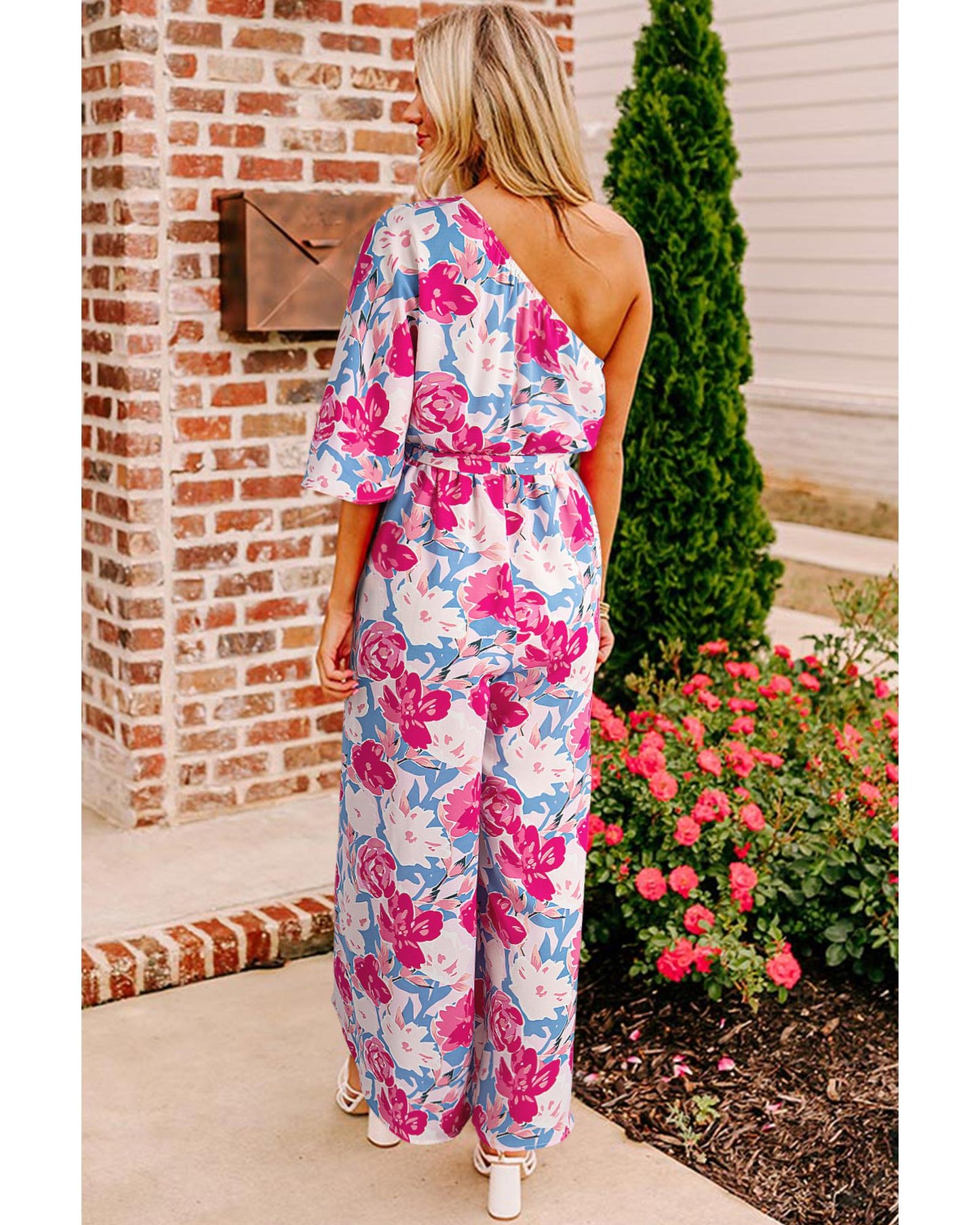 Floral Print Asymmetrical Neckline Belted Jumpsuit