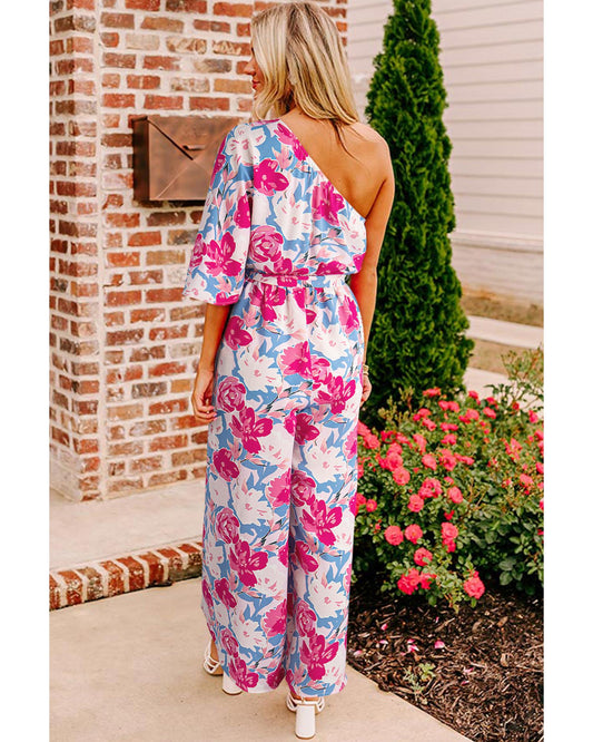 Floral Print Asymmetrical Neckline Belted Jumpsuit