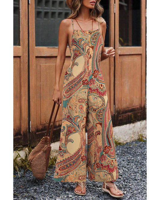 Red Paisley Printed Spaghetti Strap Wide Leg Jumpsuit