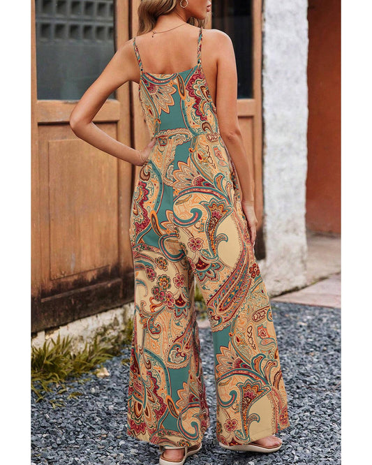 Red Paisley Printed Spaghetti Strap Wide Leg Jumpsuit