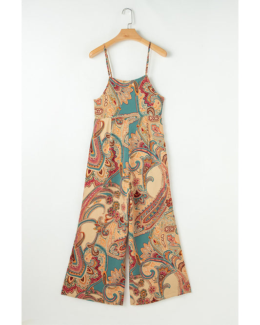 Red Paisley Printed Spaghetti Strap Wide Leg Jumpsuit