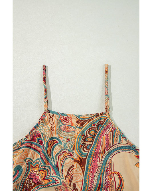 Red Paisley Printed Spaghetti Strap Wide Leg Jumpsuit