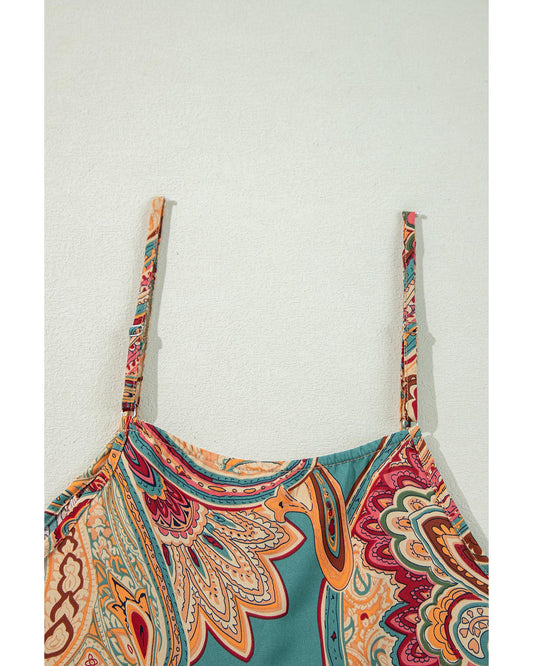 Red Paisley Printed Spaghetti Strap Wide Leg Jumpsuit