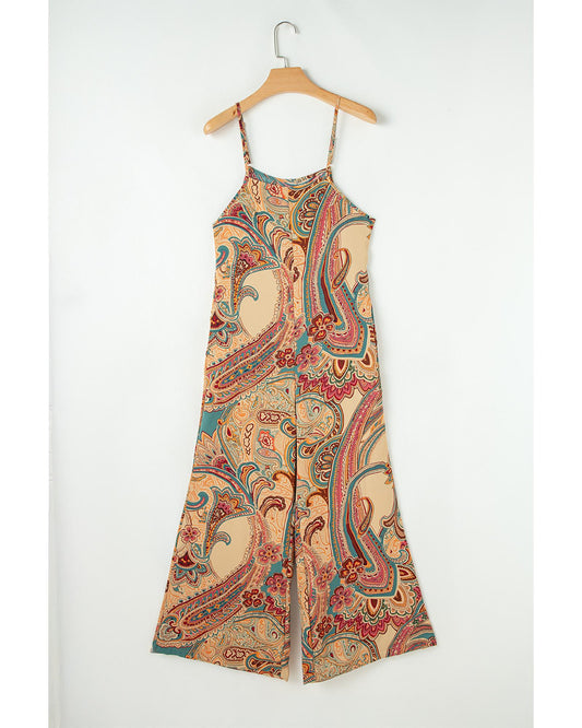 Red Paisley Printed Spaghetti Strap Wide Leg Jumpsuit