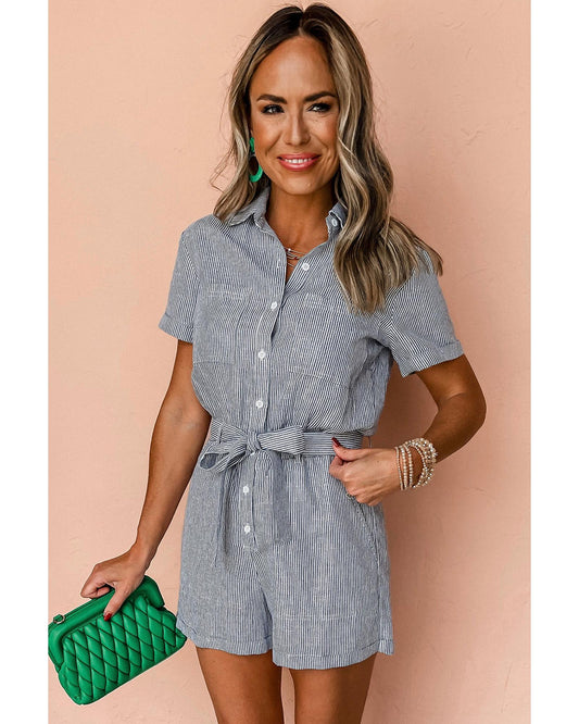 Blue Stripe Chest Pockets Belted High Waist Romper