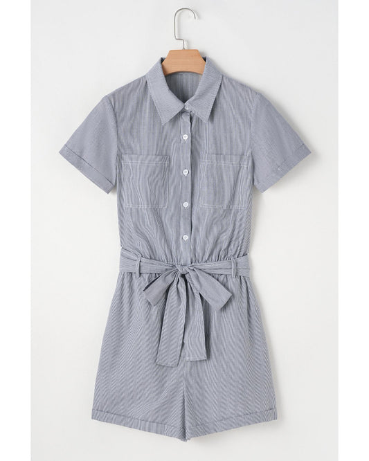 Blue Stripe Chest Pockets Belted High Waist Romper
