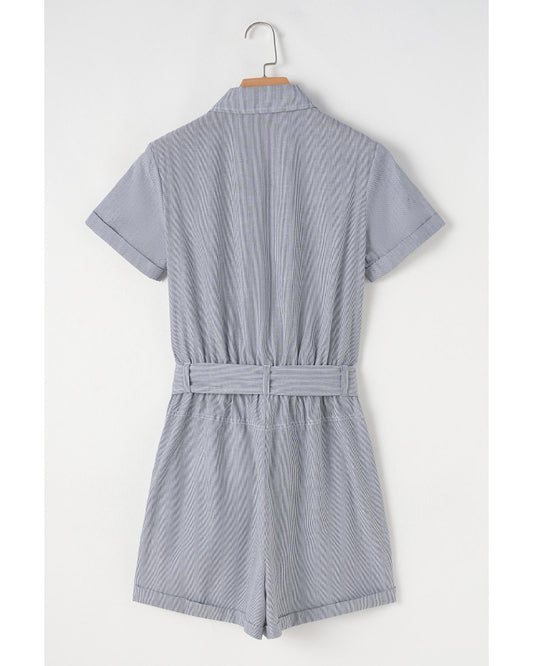Blue Stripe Chest Pockets Belted High Waist Romper