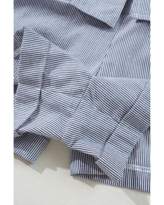 Blue Stripe Chest Pockets Belted High Waist Romper