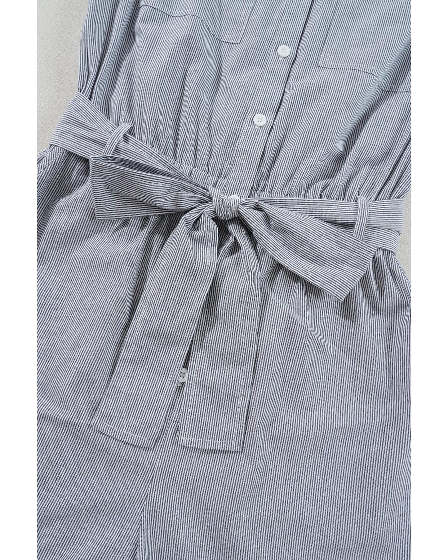 Blue Stripe Chest Pockets Belted High Waist Romper