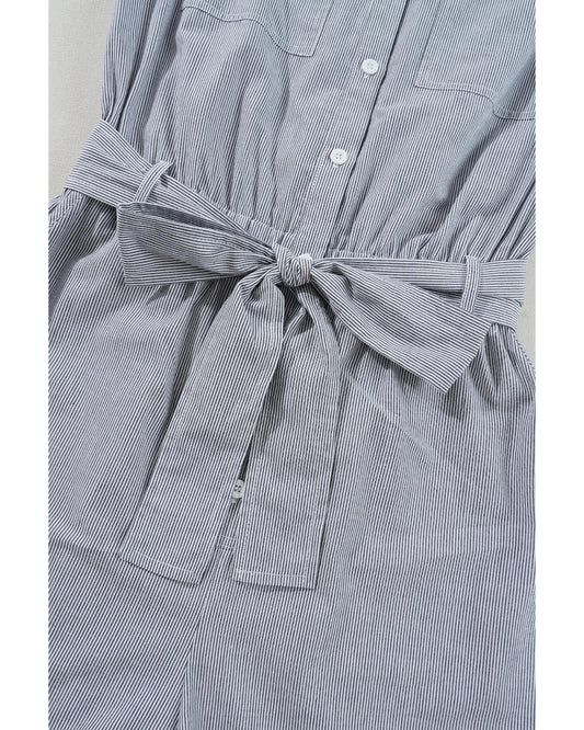 Blue Stripe Chest Pockets Belted High Waist Romper