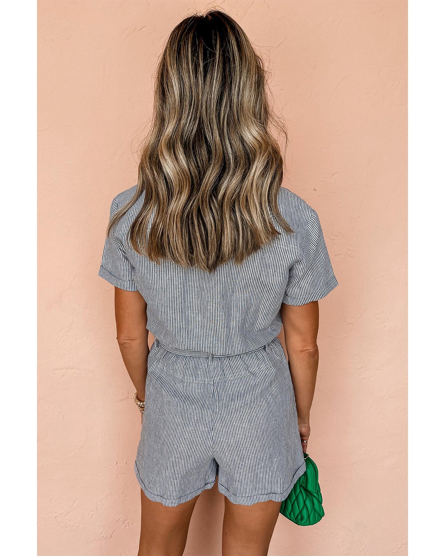 Blue Stripe Chest Pockets Belted High Waist Romper