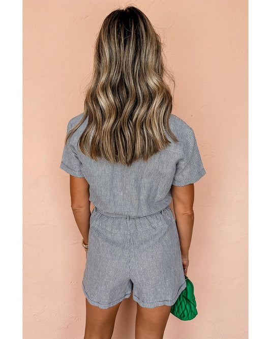 Blue Stripe Chest Pockets Belted High Waist Romper