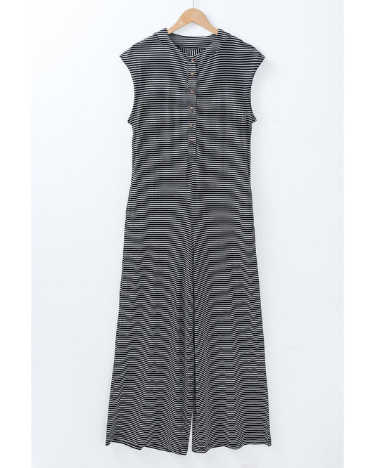 Black White Striped Print Buttoned Wide Leg Sleeveless Jumpsuit