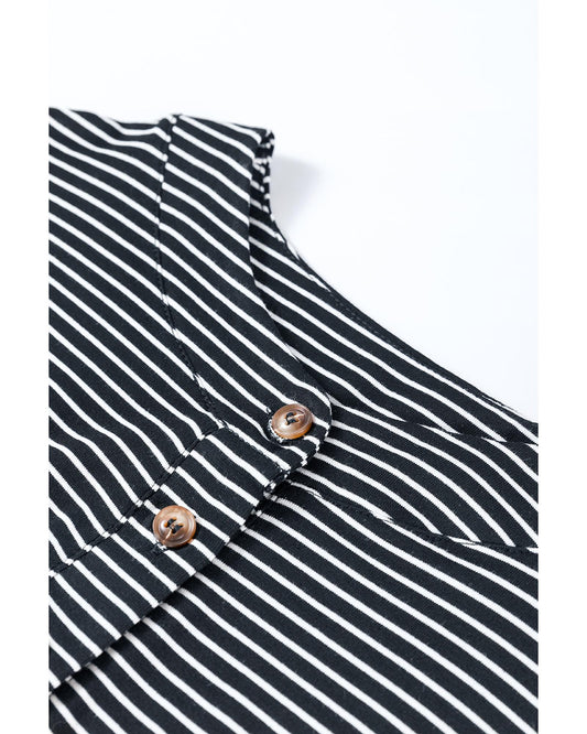 Black White Striped Print Buttoned Wide Leg Sleeveless Jumpsuit