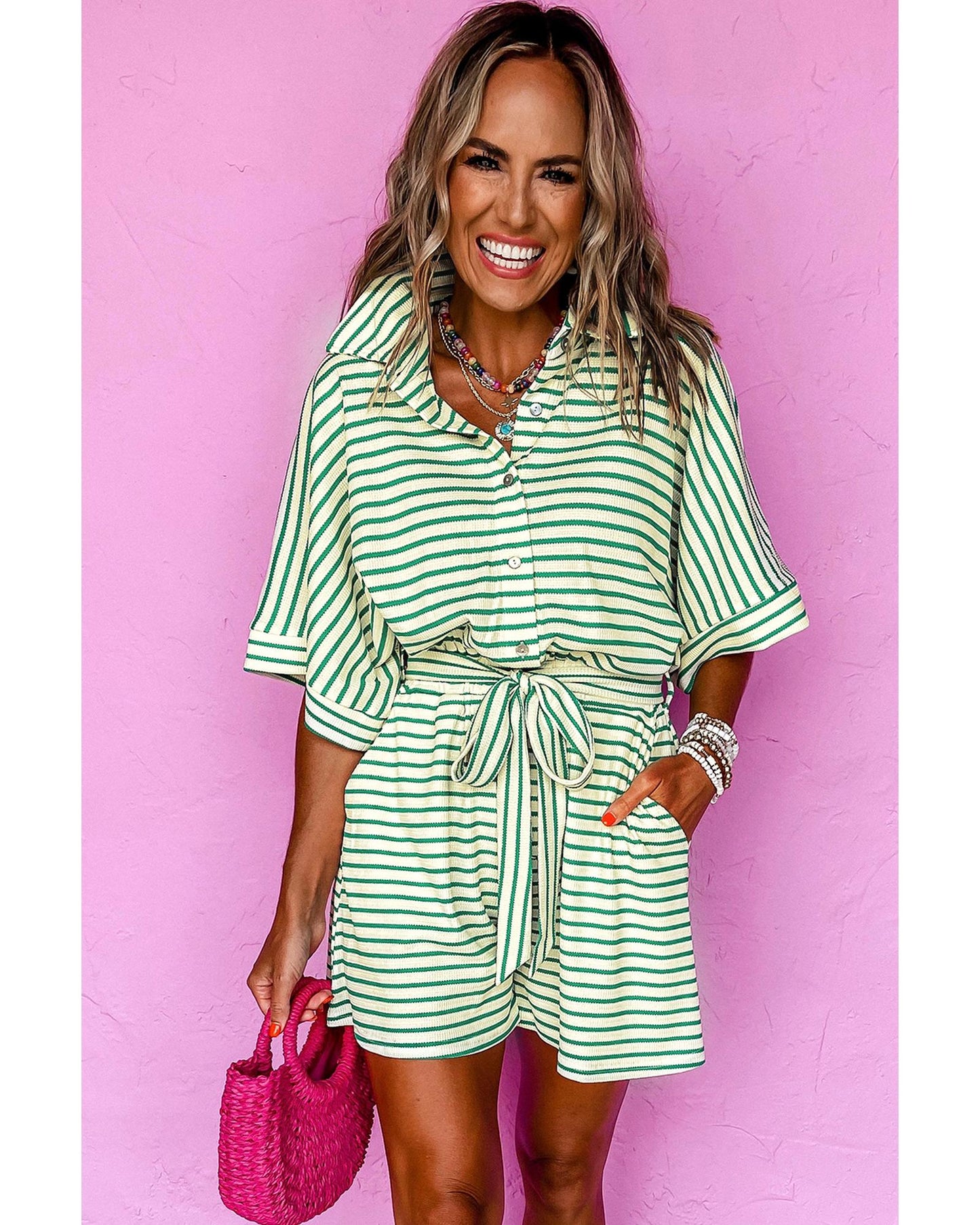 Collared Buttoned Waist Tie Romper